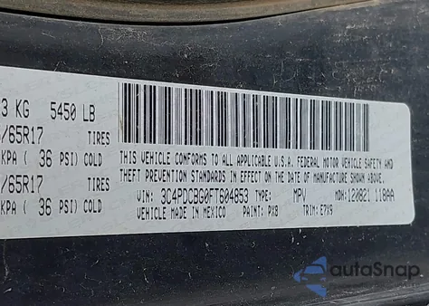 2015 Dodge Journey Sxt from USA, damaged, VIN 3C4PDCBG0FT604853